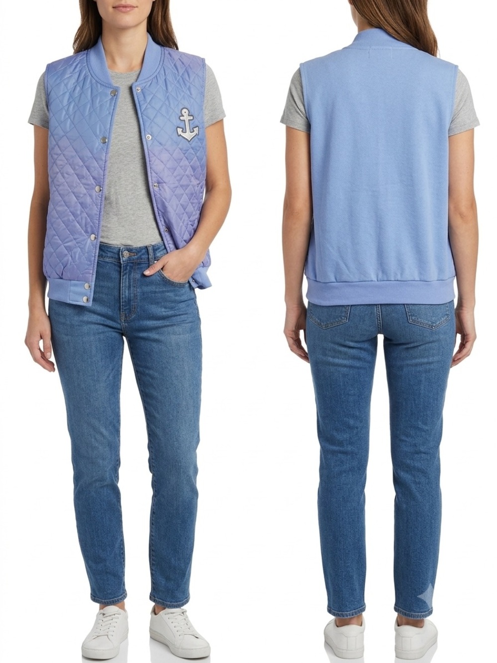 Quilted Light Blue Women's Vest with Anchor Patch